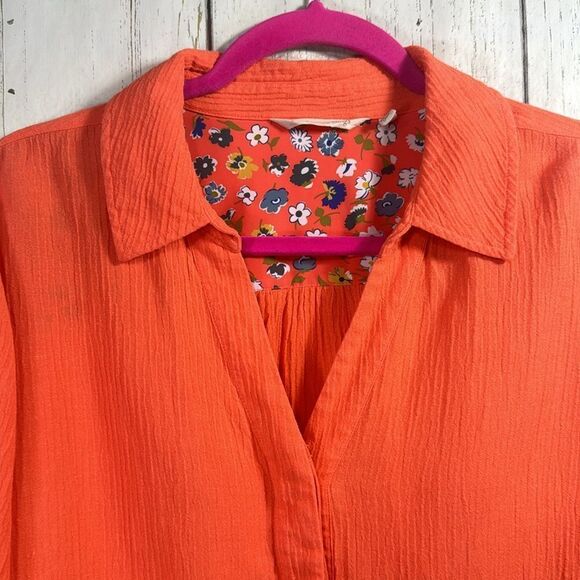 Soft Surroundings Gauze Artisan Roll Tab Sleeve Orange Boho Button Detail Blouse - Picture 2 of 16